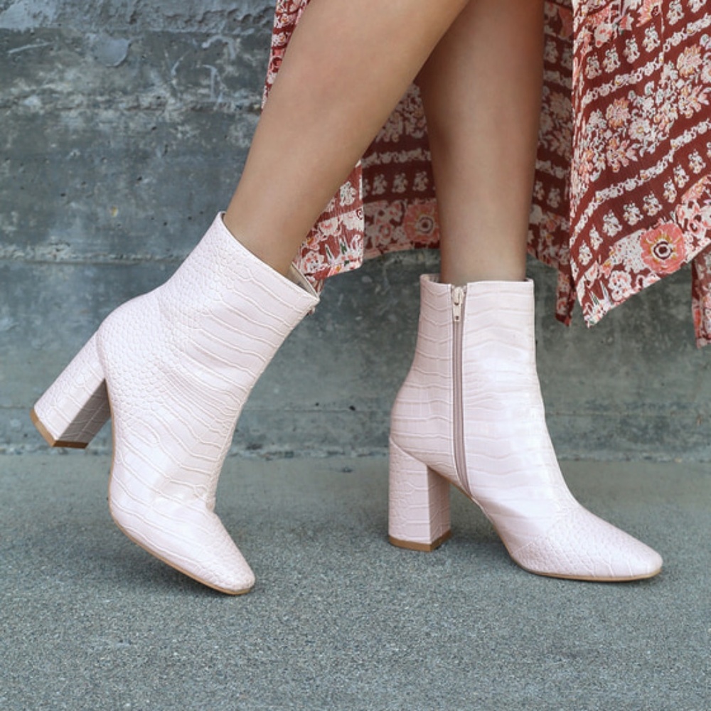 Lulus My Generation Off White Crocodile High Heel Mid-calf Boots Pink - Size 8